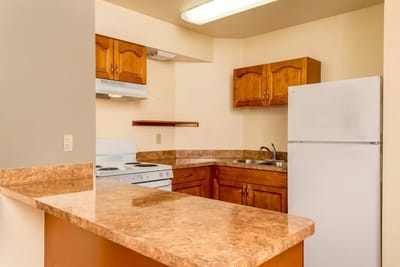 Well-equipped kitchen in a facility apartment.