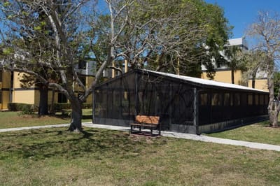 Outdoor screened area with bench and trees