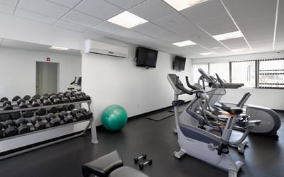 Well-equipped gym area with exercise machines and weights.