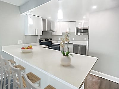 Modern kitchen with white cabinets and a fruit bowl