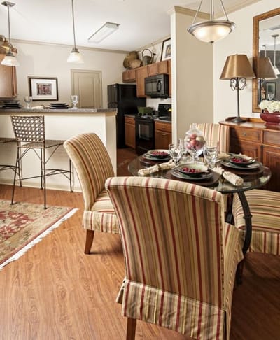 Dining area with table set for a meal