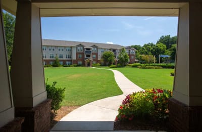 View of the facility's exterior courtyard and garden.
