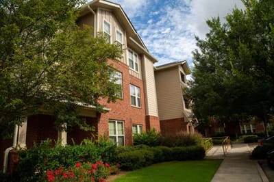 Building exterior with landscaping and blue sky
