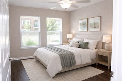 Cozy bedroom with light decor and natural light.