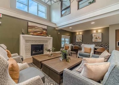 Cozy common area with seating and fireplace