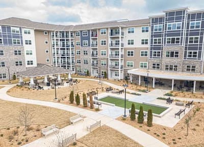 Exterior view of landscaped grounds and building complex.