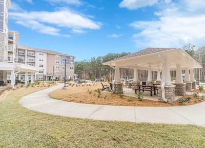 Outdoor gazebo and landscaping at the facility