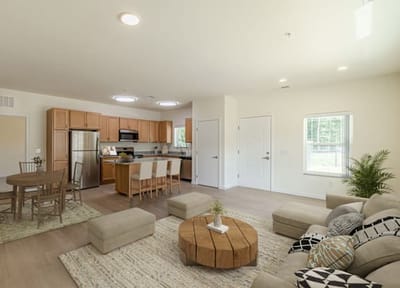 Modern living area in an assisted living apartment