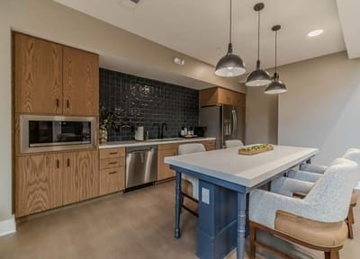 Modern kitchen space with a dining area
