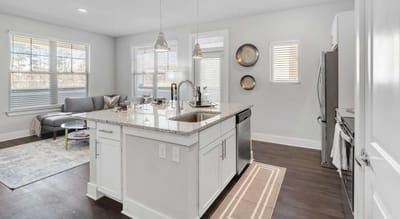 Modern kitchen with living area in background