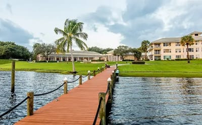 Wooden dock leading to the building with palm trees.