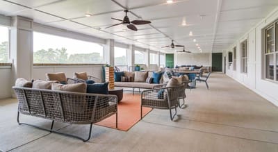 Spacious outdoor seating area with lounge furniture