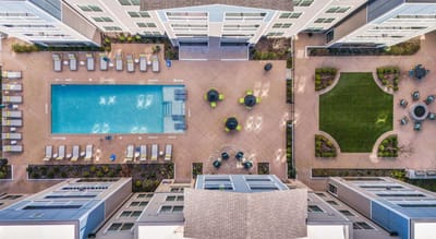 Aerial view of the outdoor pool and seating area.