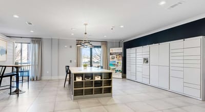 Modern common area with lockers and seating
