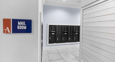 View of the mail room with mailboxes