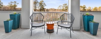 Outdoor seating area with potted plants