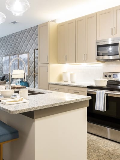 Modern kitchen with granite countertop in assisted living facility