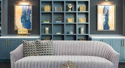Stylish interior common area with blue decor.