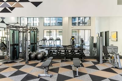 Well-equipped gym with fitness machines and weights.