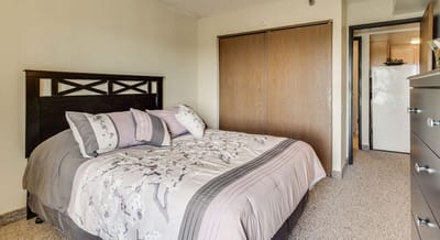 Cozy bedroom with a double bed and dresser