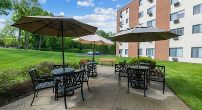 Outdoor seating area with umbrellas and greenery.