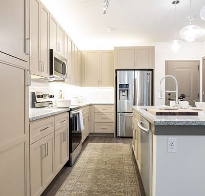 Bright kitchen with modern appliances.