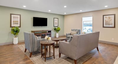 Bright and inviting common area with seating