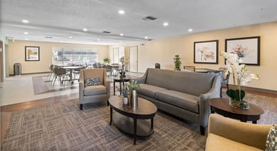 Bright and inviting common area with seating