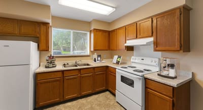 Bright kitchen area with wooden cabinets.
