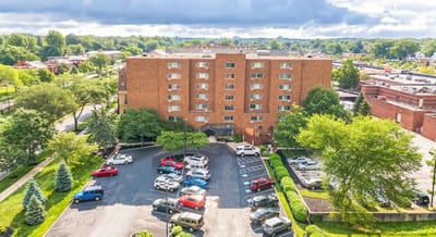 Aerial view of Center Place Senior Apartments exterior.