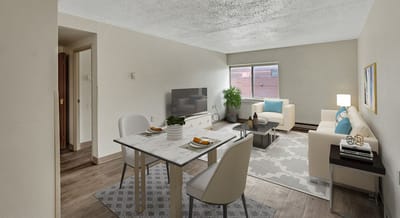 Interior living space with seating and dining area