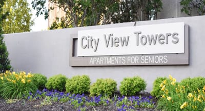 Exterior sign of City View Towers for seniors