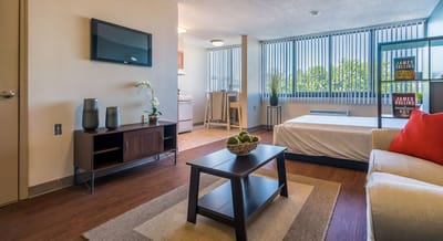 Bright, modern studio apartment with a kitchen area.