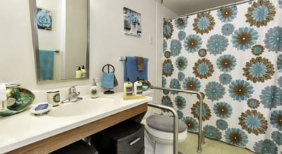 Bright bathroom with colorful shower curtain and decor