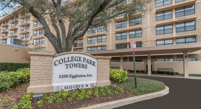Exterior view of College Park Towers sign and building