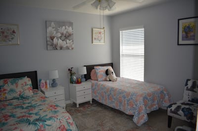 Brightly decorated resident room with floral designs