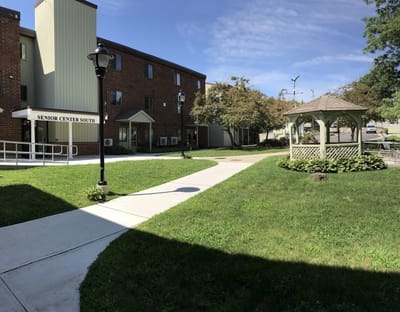 Exterior view of the Senior Center South and garden area