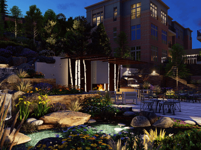 Beautifully landscaped outdoor space with seating areas