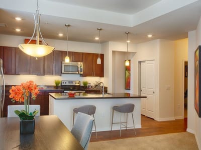 Bright, modern kitchen area with dining space