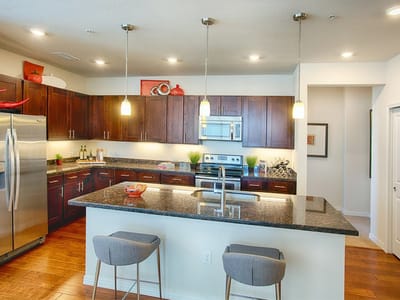 Modern kitchen interior with wooden cabinets and appliances
