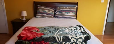 Cozy bedroom setup with colorful bedding