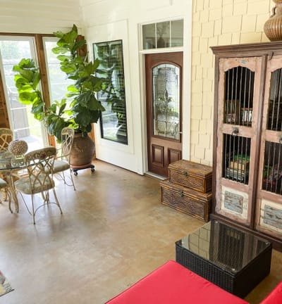 Bright, inviting common area with seating and plants
