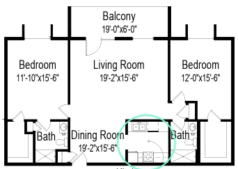 Floor plan of a residential layout with room dimensions.