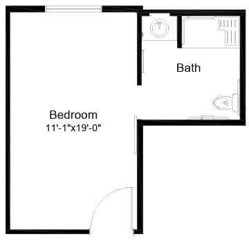 Architectural floor plan of a resident bedroom and bath
