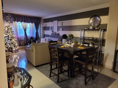 Cozy interior living space with dining table and decorations