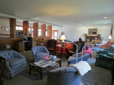 Interior view of a common area with seating and decorations