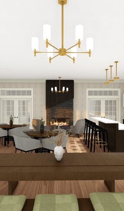 Bright common area with a cozy fireplace