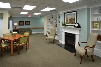 Bright interior common area with seating and decor