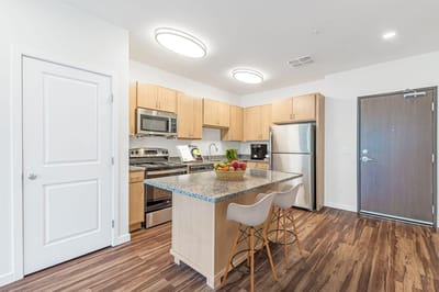 Modern kitchen interior with wooden cabinets and appliances