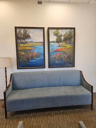 Interior view of a common area with artwork